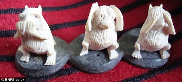 Pictorial maxim: Gandhi's carved three wise monkeys which depict speak no evil, hear no evil, see no evil 